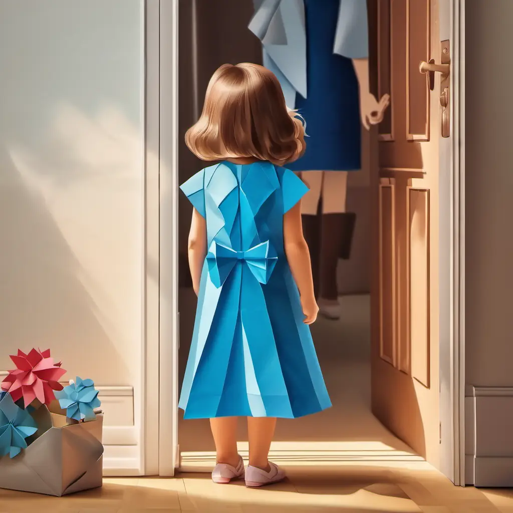Little girl with brown hair, blue eyes, wearing blue dress hiding, mom at the doorway, room is bright.