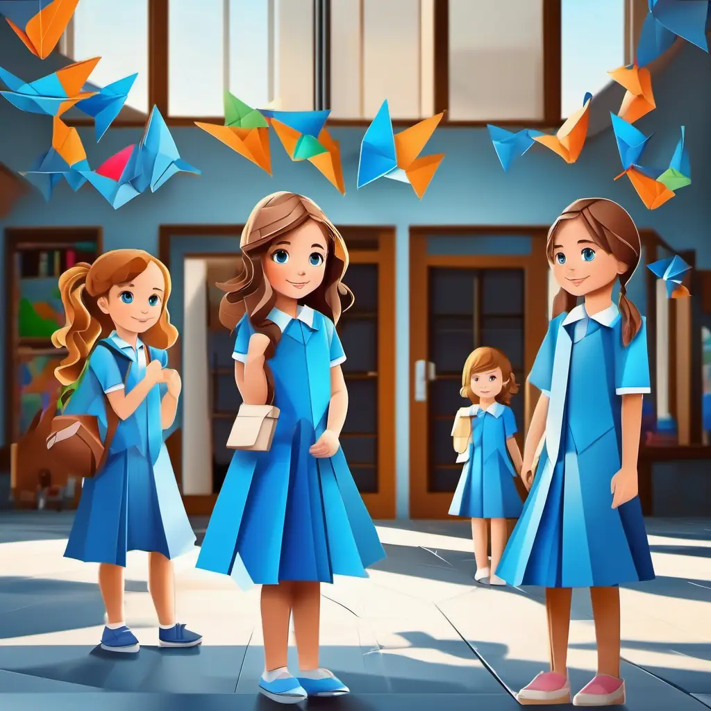 Little girl with brown hair, blue eyes, wearing blue dress at school entrance, kids playing, atmosphere vibrant.