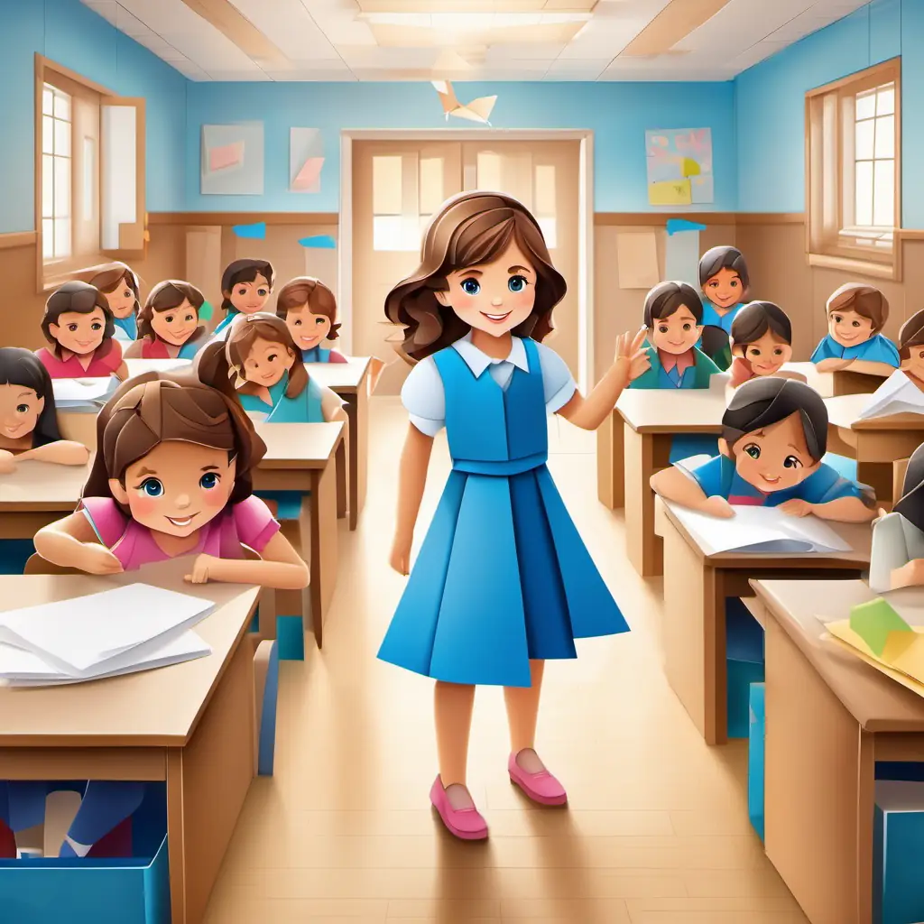 Little girl with brown hair, blue eyes, wearing blue dress entering classroom, friends waving, she smiles.
