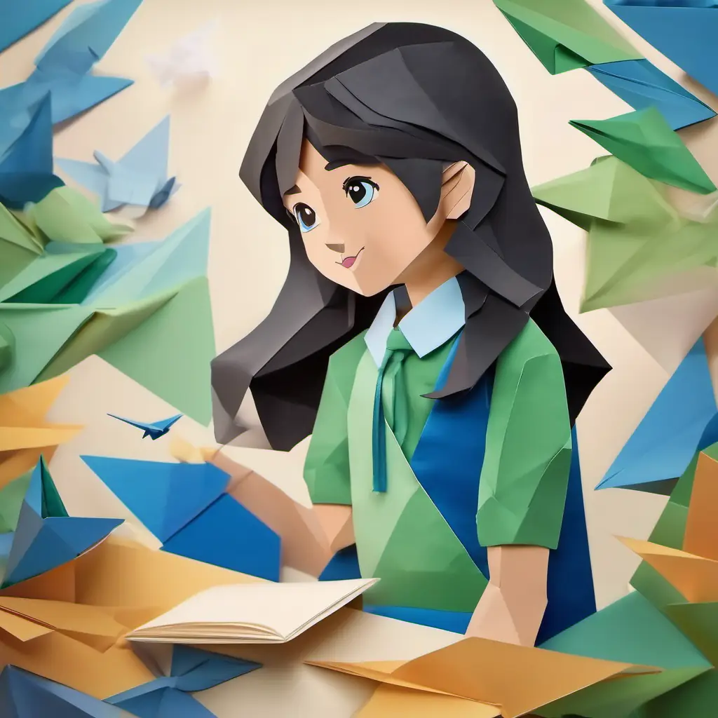 Medium height, curly black hair, brown eyes, wearing a green blouse encouraging, Little girl with brown hair, blue eyes, wearing blue dress curious, ambiance is cheerful.