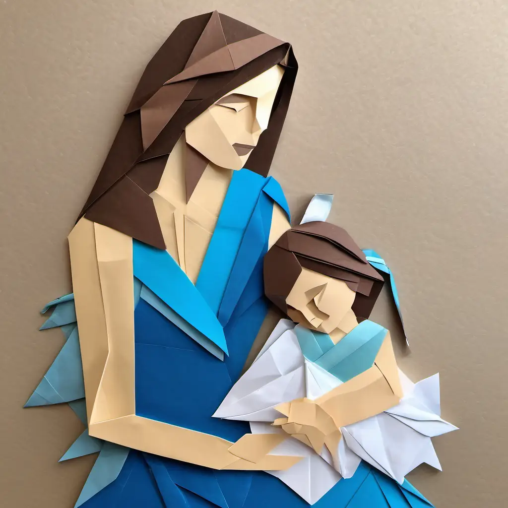 Little girl with brown hair, blue eyes, wearing blue dress intrigued, mom reassuring, feeling of contemplation.