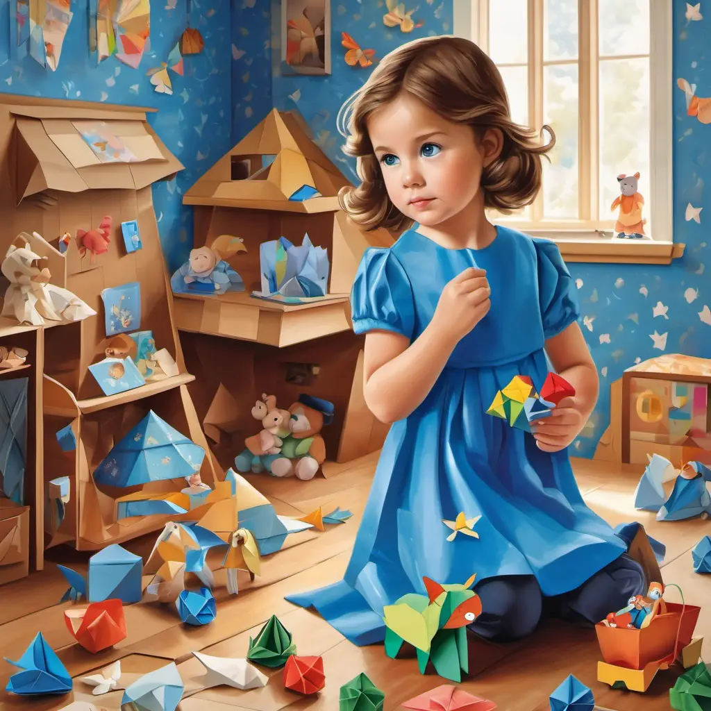 Little girl with brown hair, blue eyes, wearing blue dress with teddy, hesitation, room filled with toys.