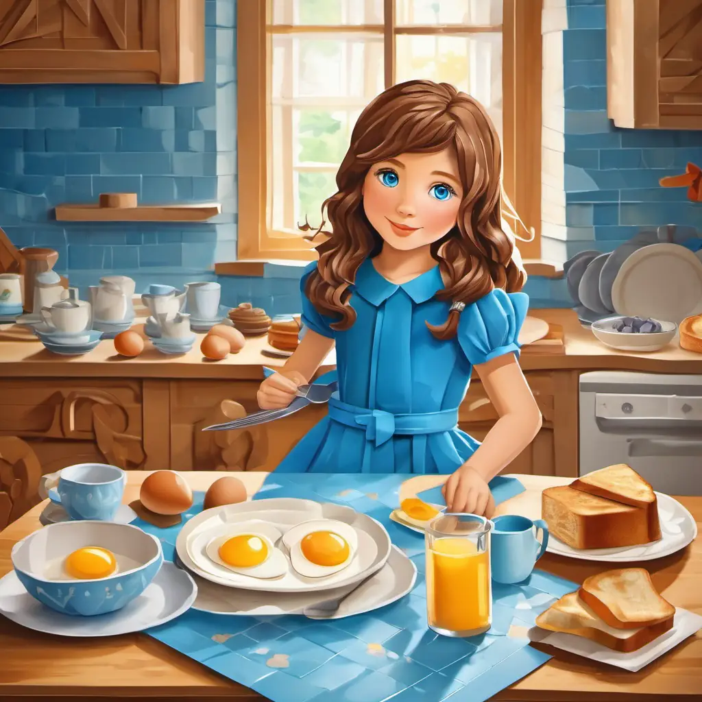 Little girl with brown hair, blue eyes, wearing blue dress eating breakfast, plate of eggs and toast, kitchen table.