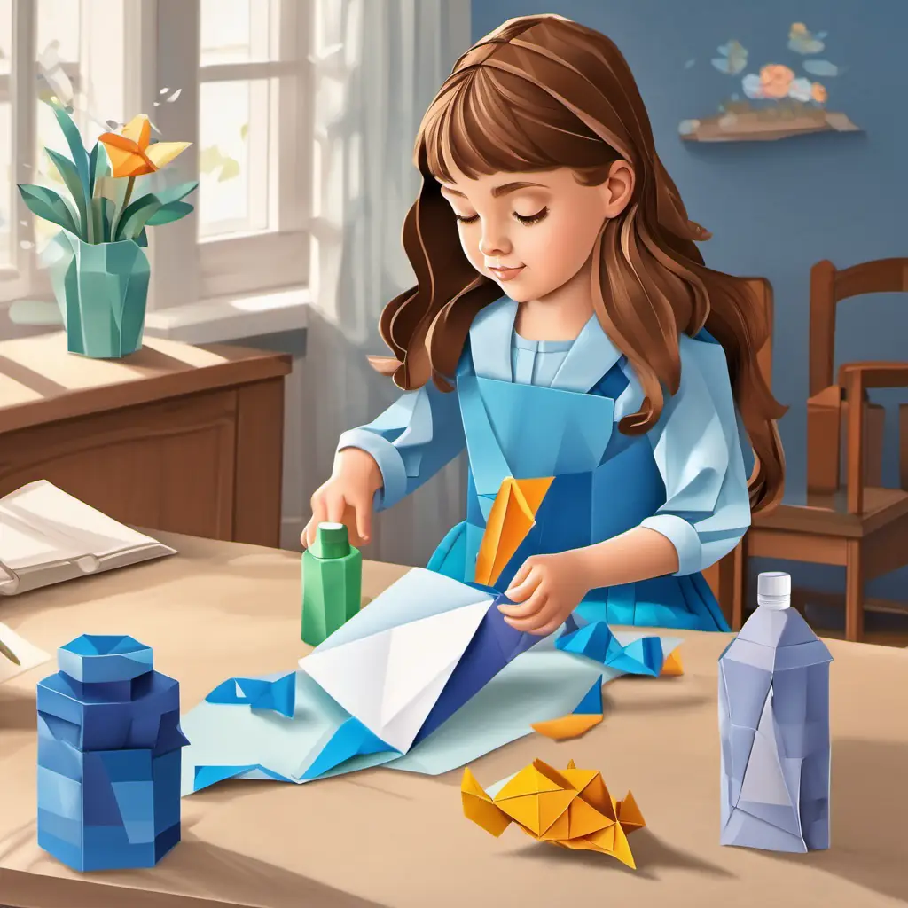Backpack on table, Little girl with brown hair, blue eyes, wearing blue dress fills bottle, morning routine.