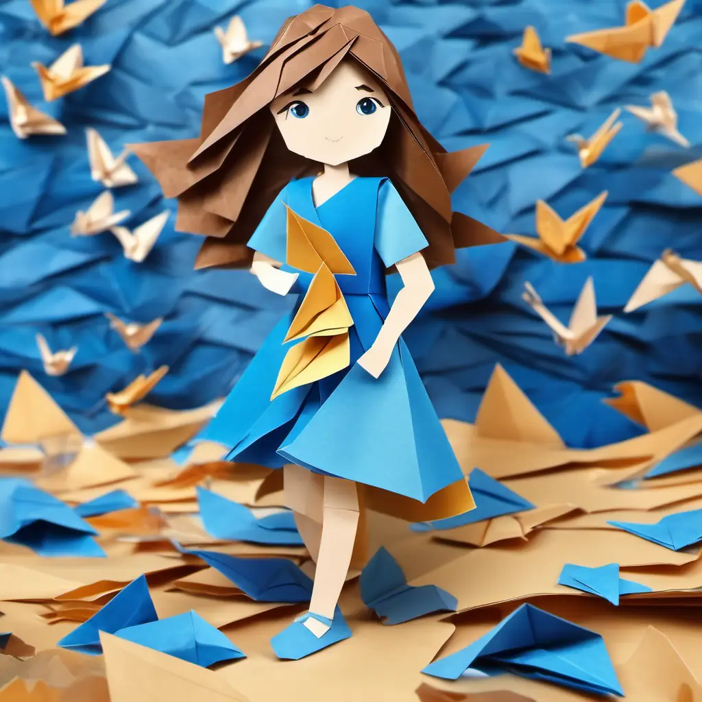 Little girl with brown hair, blue eyes, wearing blue dress leaves room, waves goodbye, feeling of excitement.