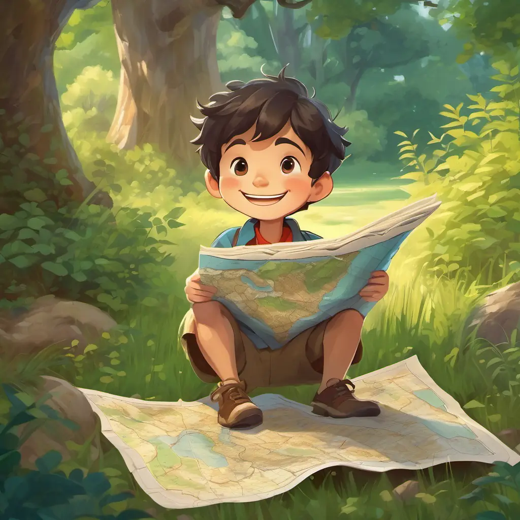 Curious little boy with a big smile holding an old map in his backyard, with a big smile on his face