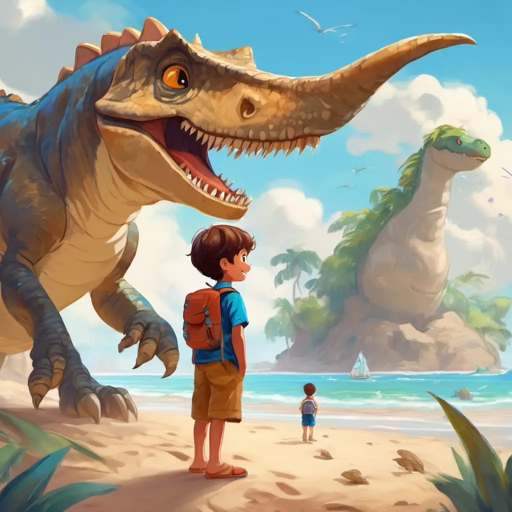 Curious little boy with a big smile standing on the sandy beach, surrounded by kind and friendly dinosaurs