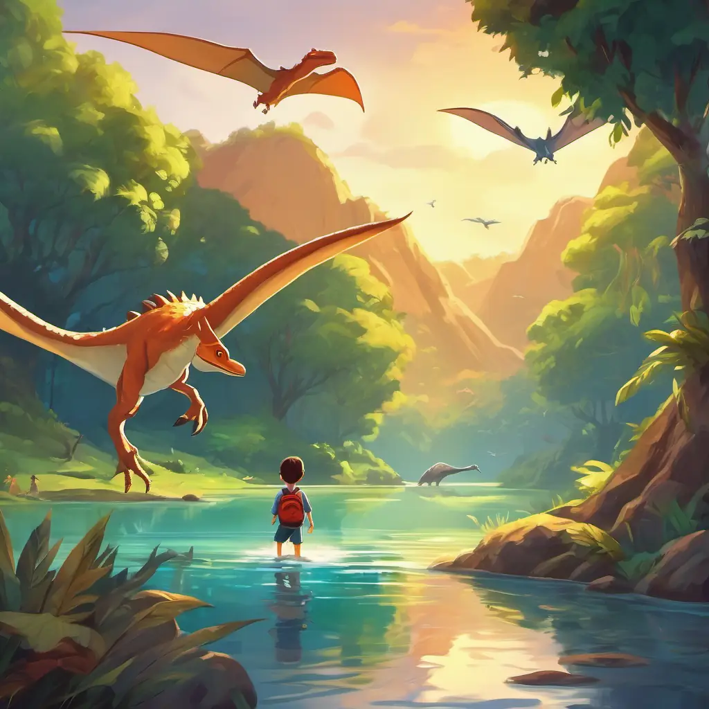 Curious little boy with a big smile and the dinosaurs climbing trees, swimming in the lake, and flying on a pterodactyl