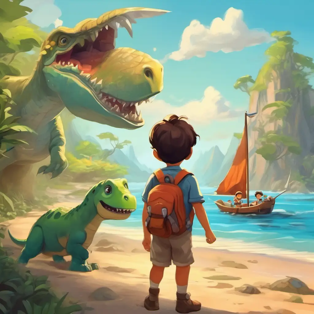 Curious little boy with a big smile and the dinosaurs building a boat and sailing back home