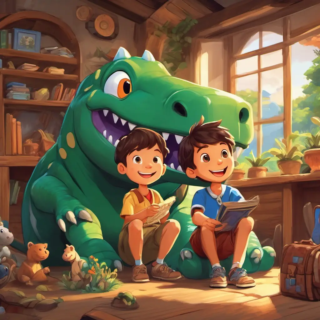 Curious little boy with a big smile and his family listening to his adventure stories, with his toy dinosaur by his side
