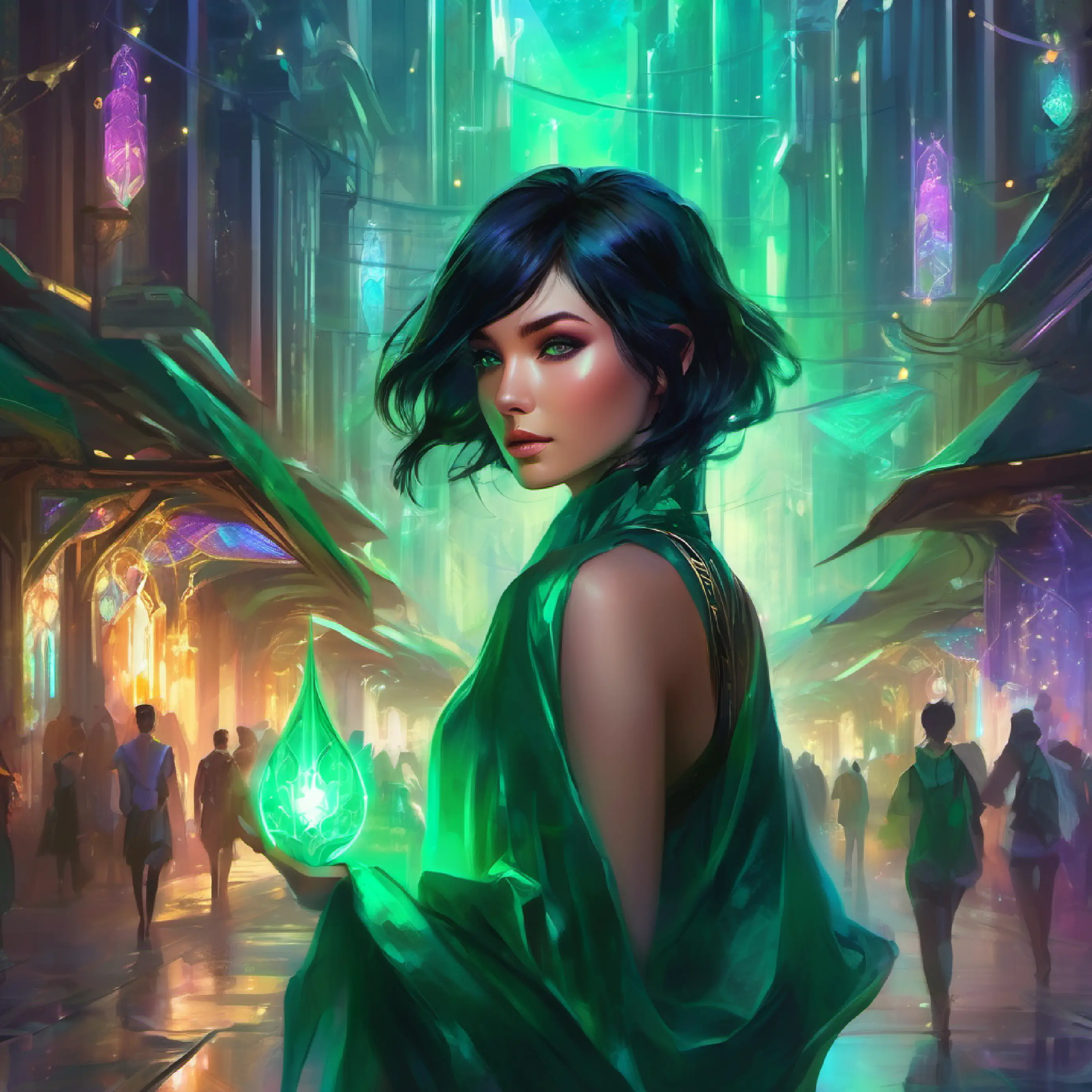 Short black hair, emerald eyes walking in Neoterra, a city with neon lights