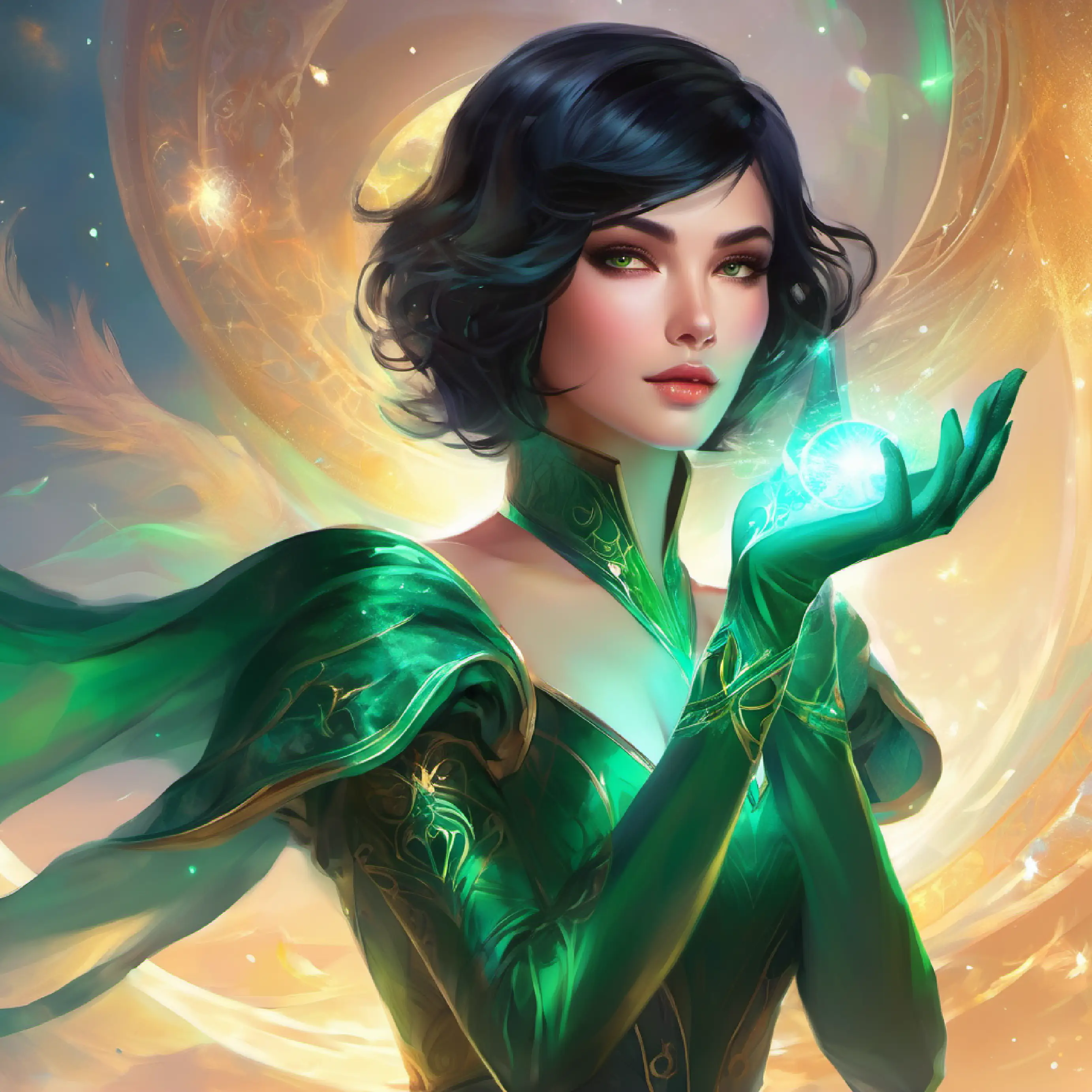 Short black hair, emerald eyes removing gloves, showing sensor pad fingertips