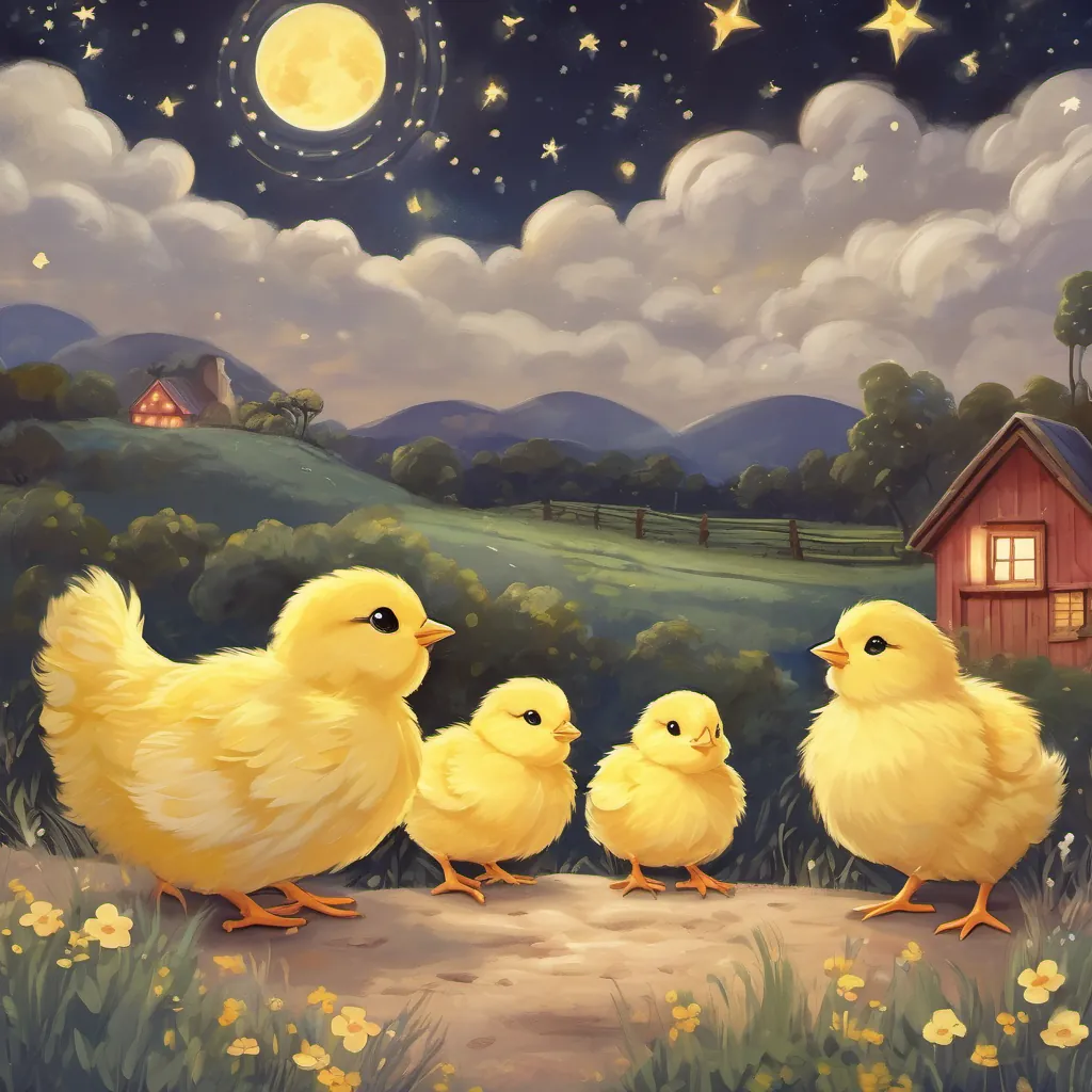 Three adorable yellow chicks dreaming and looking up at a starry night sky in a whimsical farm setting