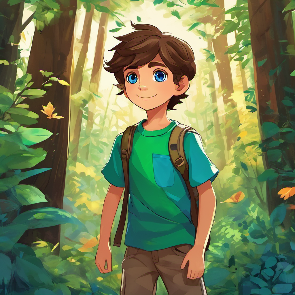 8-year-old boy with messy brown hair and bright blue eyes is an 8-year-old boy with messy brown hair and bright blue eyes. He's wearing his favorite green t-shirt and a pair of sneakers. 8-year-old boy with messy brown hair and bright blue eyes is standing in a colorful forest, surrounded by tall trees and chirping birds.