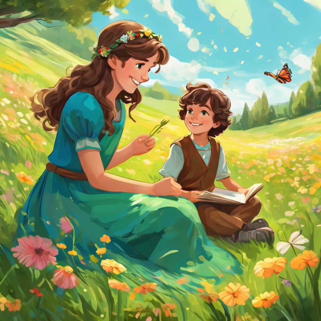 8-year-old boy with messy brown hair and bright blue eyes and Emily are sitting on a grassy meadow, with flowers blooming all around them. Emily has long, brown curly hair and wears a flowing green dress. She's smiling and pointing at a beautiful butterfly fluttering nearby.