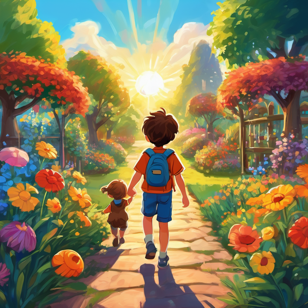 8-year-old boy with messy brown hair and bright blue eyes and Emily are holding hands and walking through a colorful garden, filled with laughing children and friendly animals. The sun is shining brightly, casting a warm glow on everything around them.