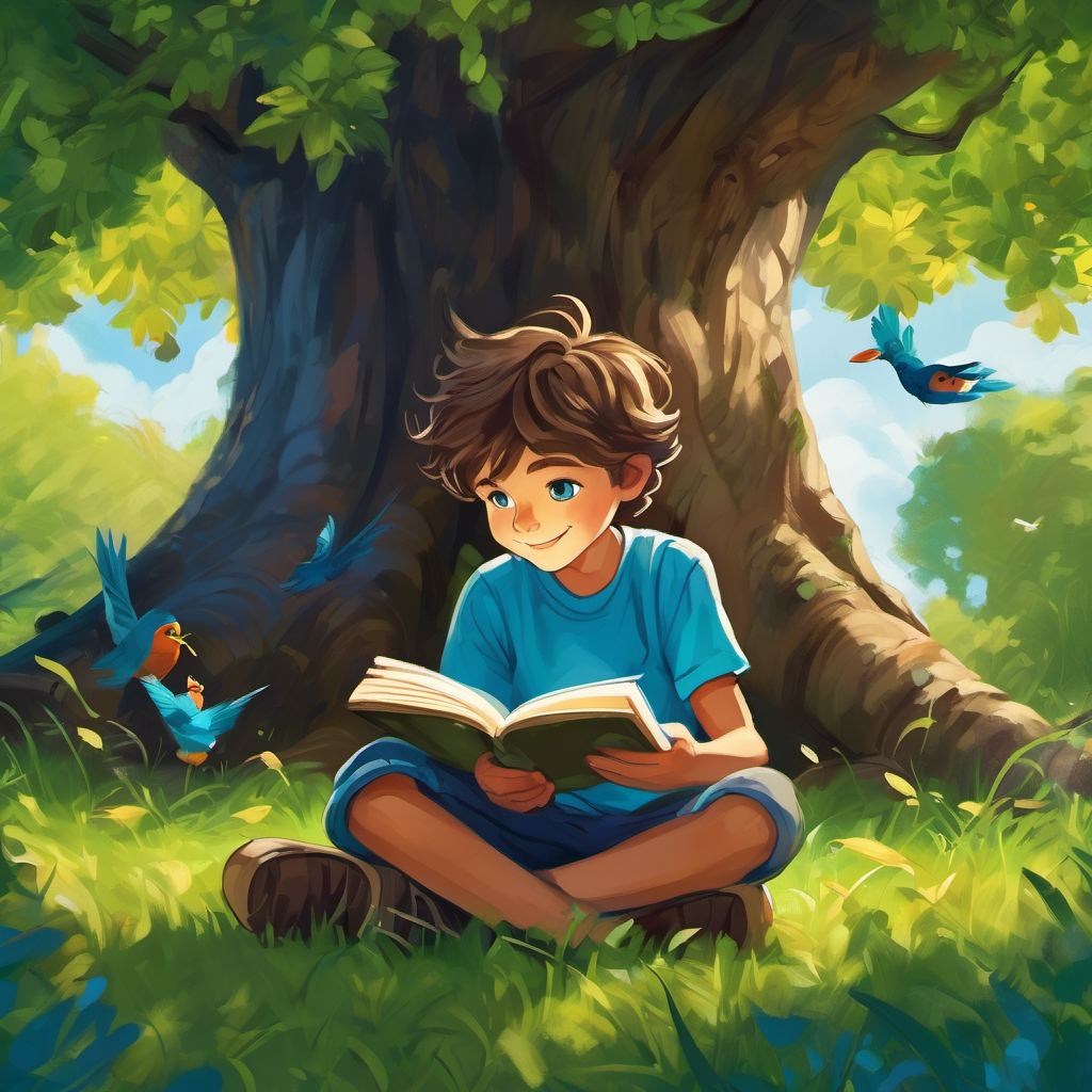 8-year-old boy with messy brown hair and bright blue eyes, now a little older, is sitting under a big oak tree, reading a book. The tree is full of green leaves, and birds are singing happily. 8-year-old boy with messy brown hair and bright blue eyes looks peaceful and content, with a smile on his face.