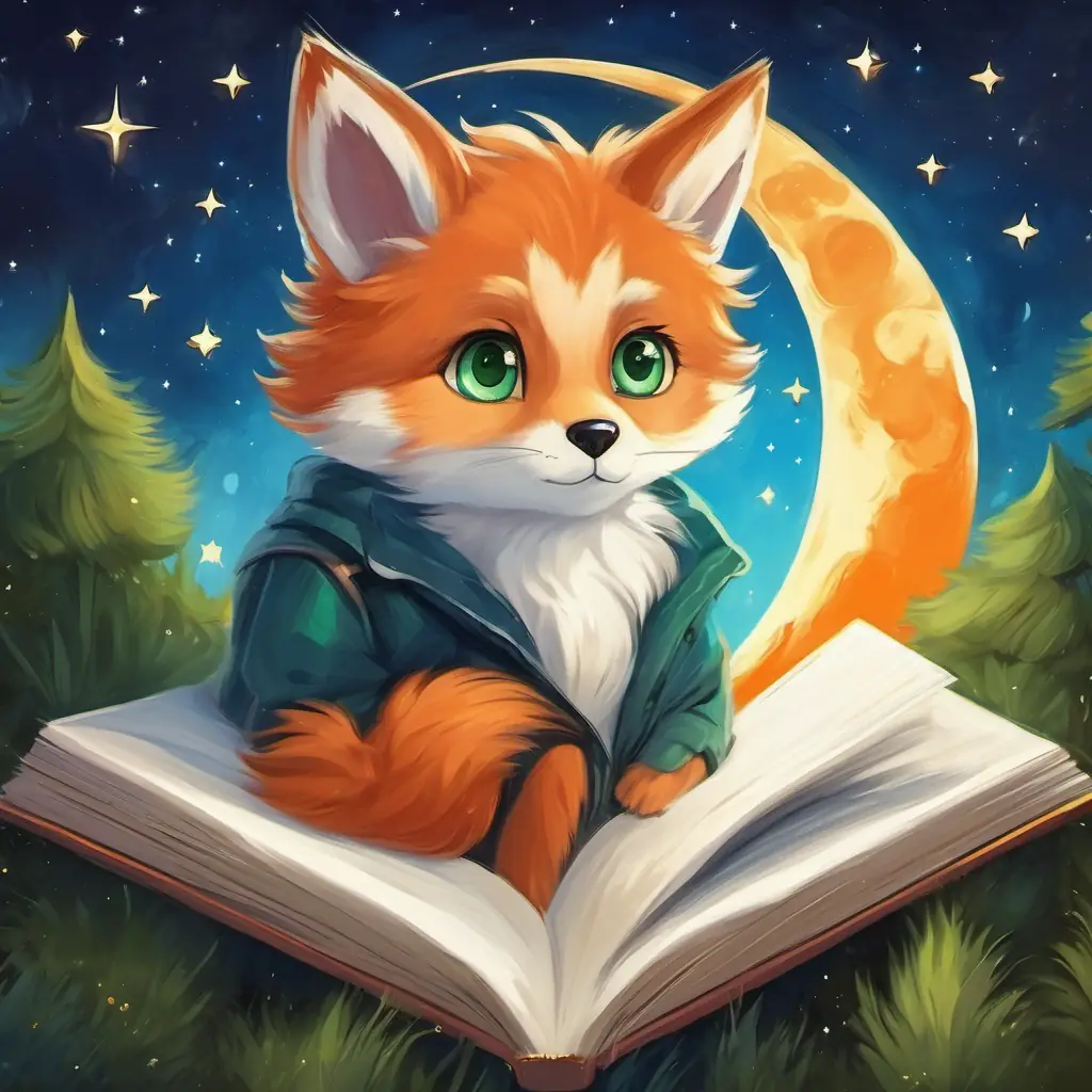 White fur and green eyes and Orange fur and blue eyes with a book, rocket, moon, and stars