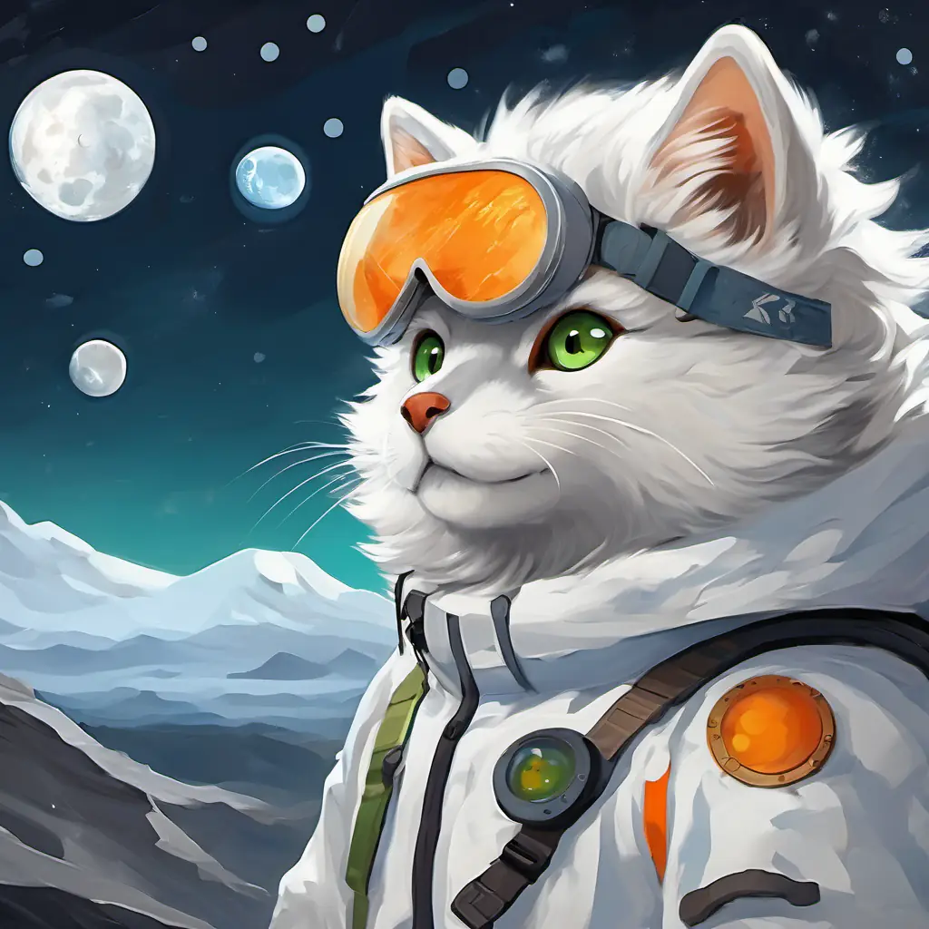 White fur and green eyes and Orange fur and blue eyes exploring the moon with Gray skin and big eyes, craters, and moon rocks