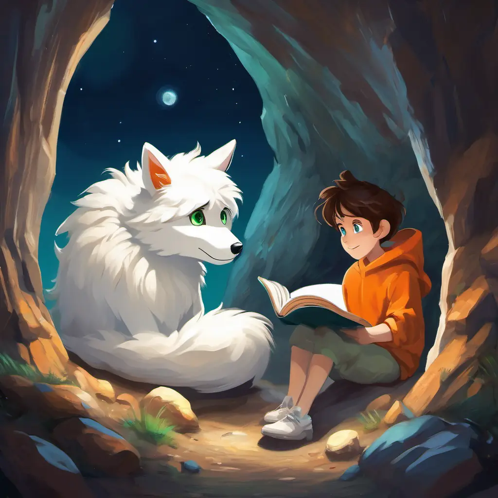 White fur and green eyes and Orange fur and blue eyes finding the book in a moon cave, sitting on a moon rock