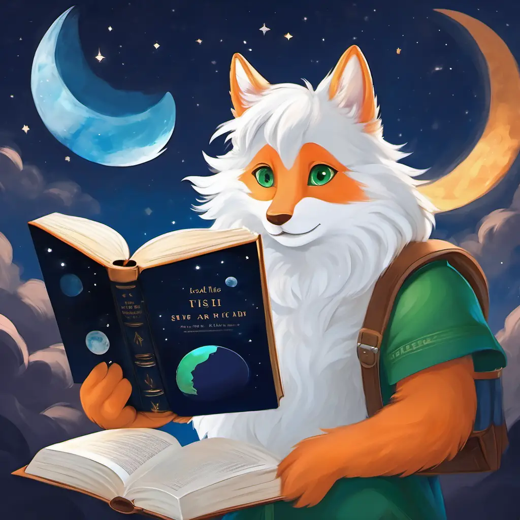 White fur and green eyes and Orange fur and blue eyes holding the book, looking at the moon and Earth