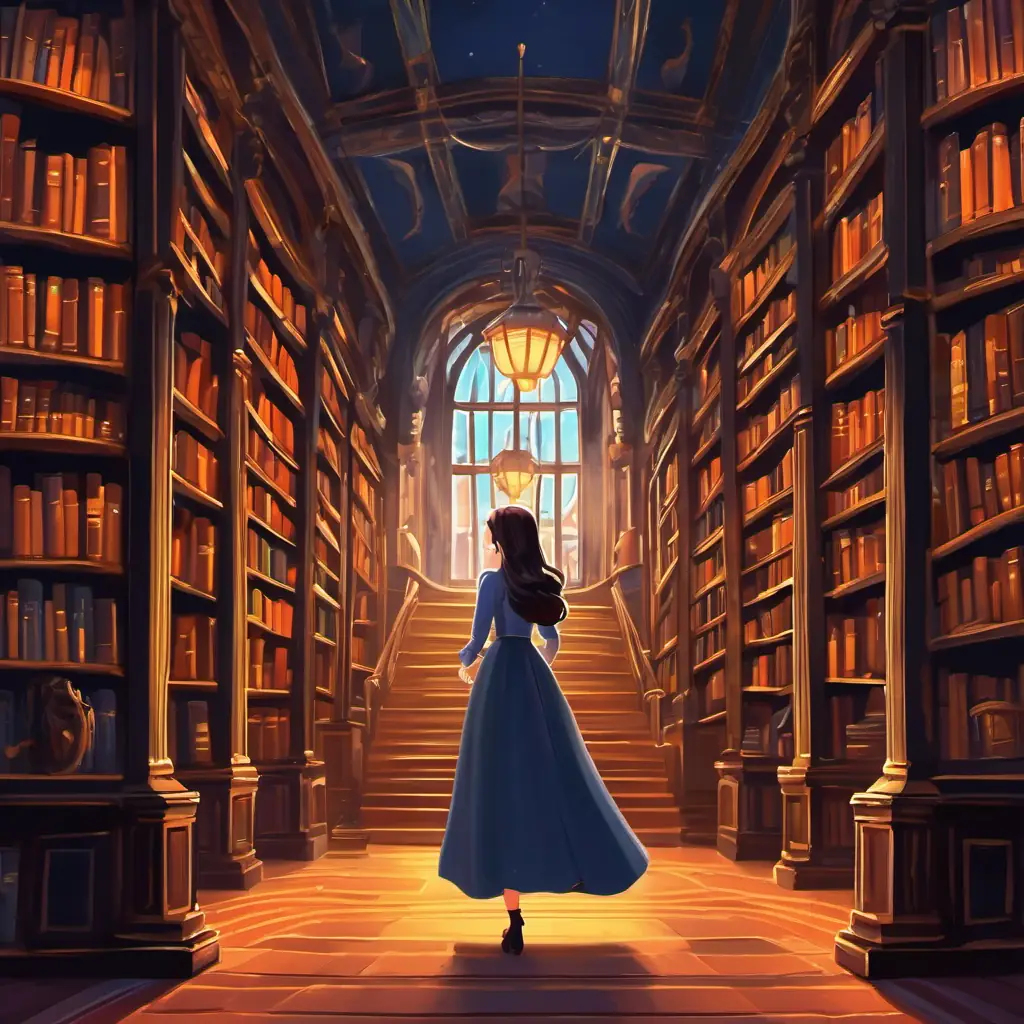 The princess is standing inside a majestic library, filled with shelves of books.