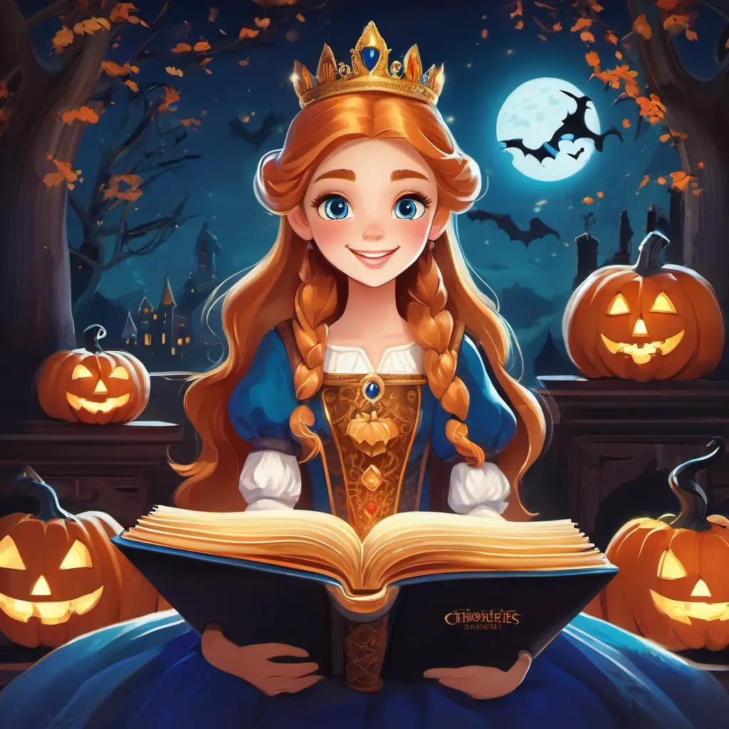 Wise princess with fair skin, sparkling blue eyes, and a radiant smile is sitting on a velvet cushion, flipping through the pages of the magical book.