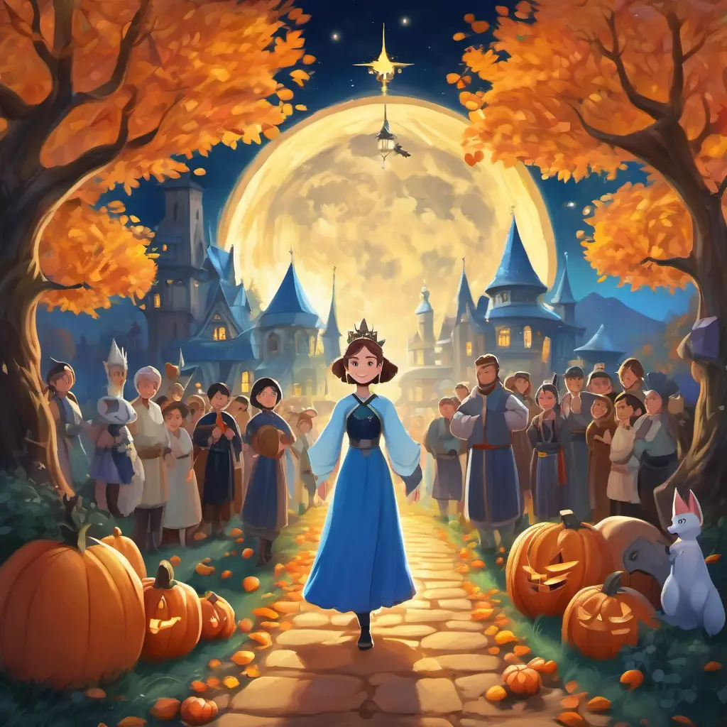 Wise princess with fair skin, sparkling blue eyes, and a radiant smile is standing in the middle of the kingdom, surrounded by grateful villagers.