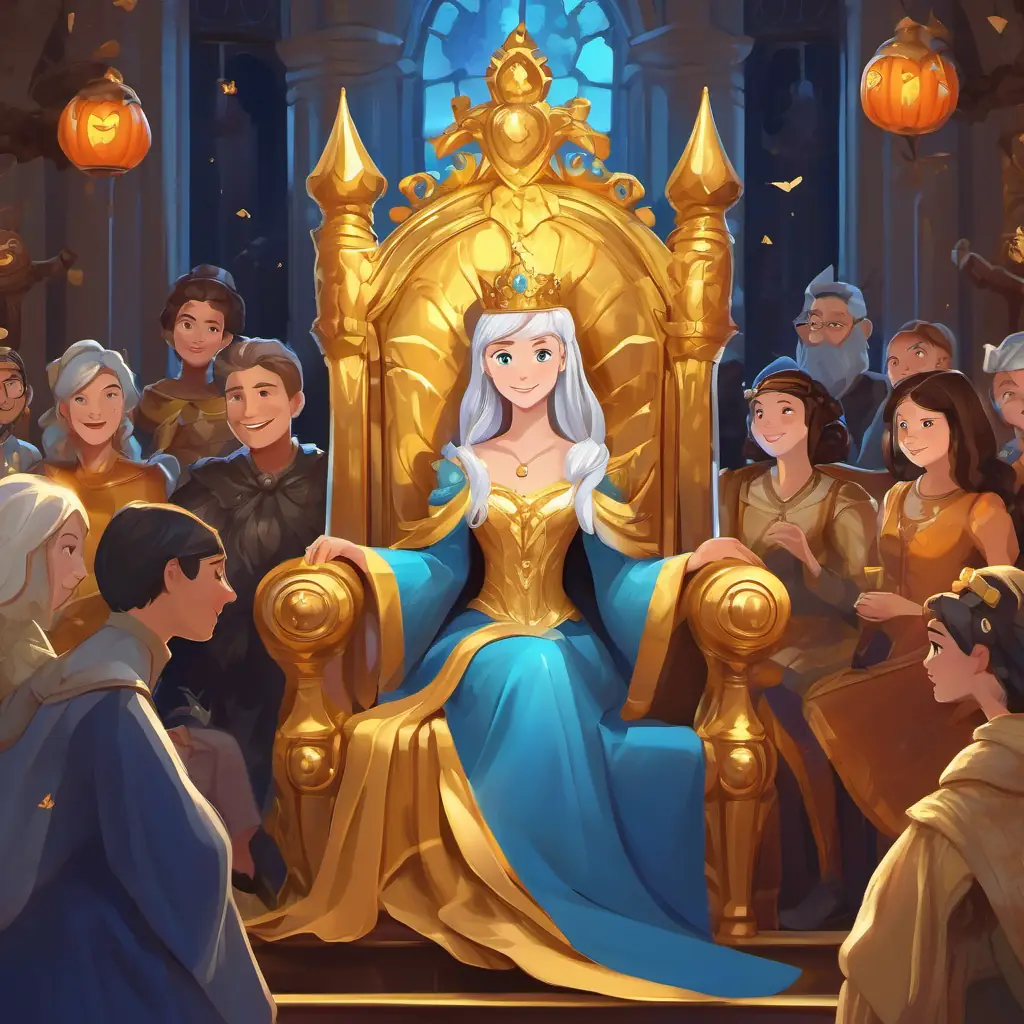 Wise princess with fair skin, sparkling blue eyes, and a radiant smile is sitting on a golden throne, surrounded by people from different kingdoms, all eagerly listening to her.