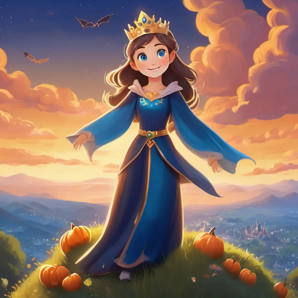 Wise princess with fair skin, sparkling blue eyes, and a radiant smile is standing on top of a hill, overlooking her flourishing kingdom.