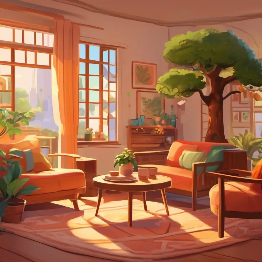 Introduction - Living room with a Warm, diverse family with varying skin tones, kind eyes, tree and decorations.