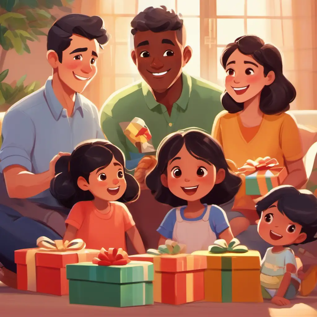 Opening presents with Warm, diverse family with varying skin tones, kind eyes, joyful expressions.