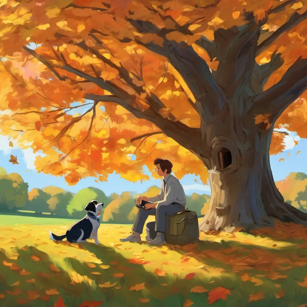 Under the oak tree, David and Lily talk about David's new dog.
