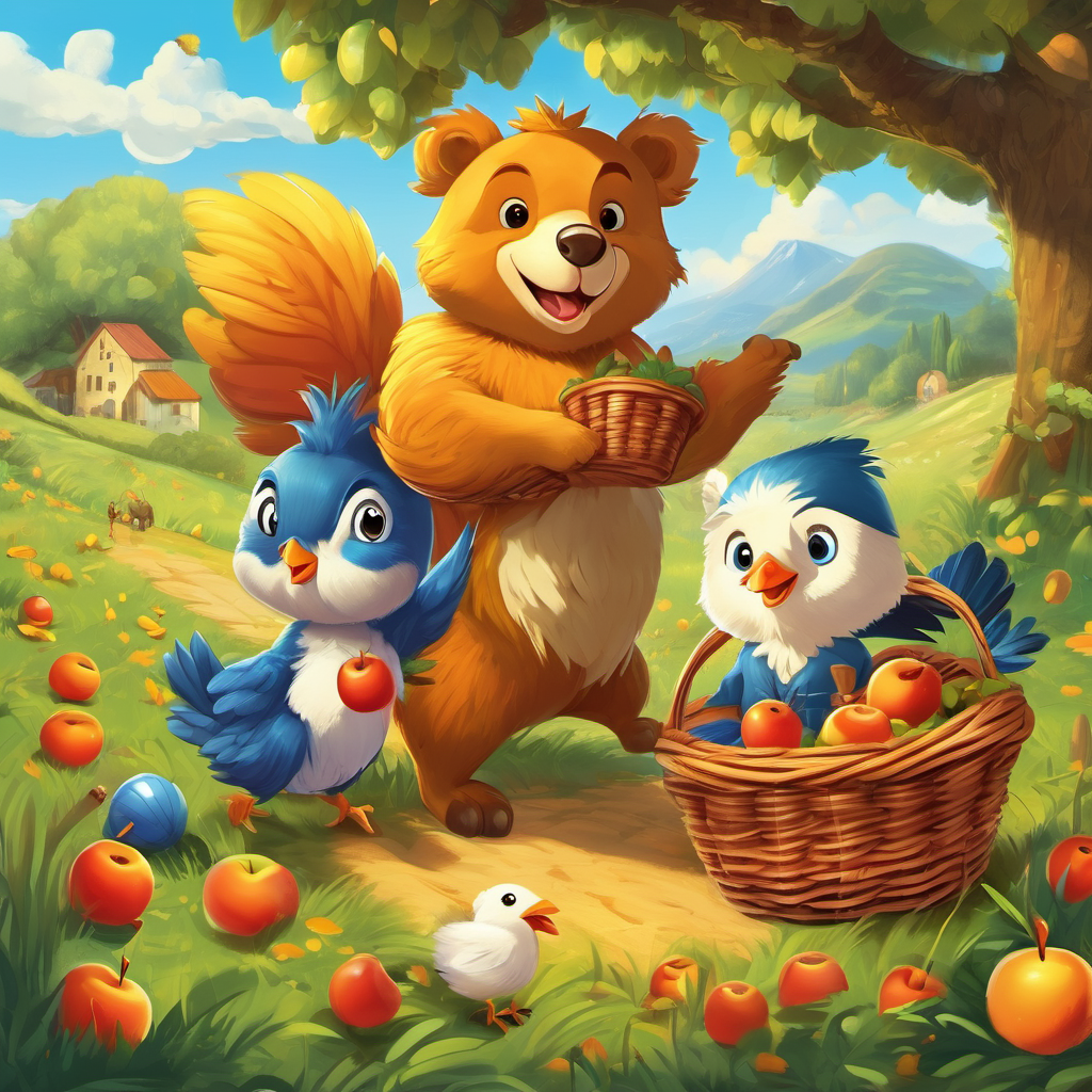 All his animal friends were excited and arrived with their picnic baskets. El Pollo Amarillo started the treasure hunt by shouting, "A is for apple, find something that starts with the letter A!" The animals searched frantically, each one finding something beginning with letter A, like an ant, an acorn, or an apricot. Next, El Pollo Amarillo yelled, "B is for ball, find something that starts with the letter B!" The animals scattered again, searching high and low. One little bird found a beautiful blue butterfly, another found a bright red ball, and a bear discovered a basket of delicious berries.