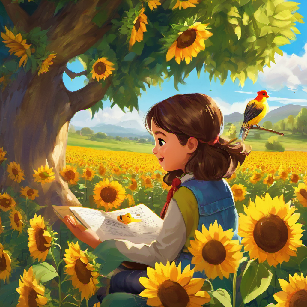 Finally, as they arrived at the last letter, Z, El Pollo Amarillo shouted, "Z is for zipper, find something that starts with the letter Z!" The animals searched everywhere but couldn't find anything starting with Z, until they noticed a little girl standing nearby with a bright yellow sunflower in her hair. The sunflower's center looked like a big Z! Everyone cheered, realizing that they had completed the treasure hunt together. They sat down on a picnic blanket, enjoying the delicious snacks they brought while sharing stories and laughter. El Pollo Amarillo was happy to see how his friends from Amigolandia had come together and formed a strong bond of friendship.
