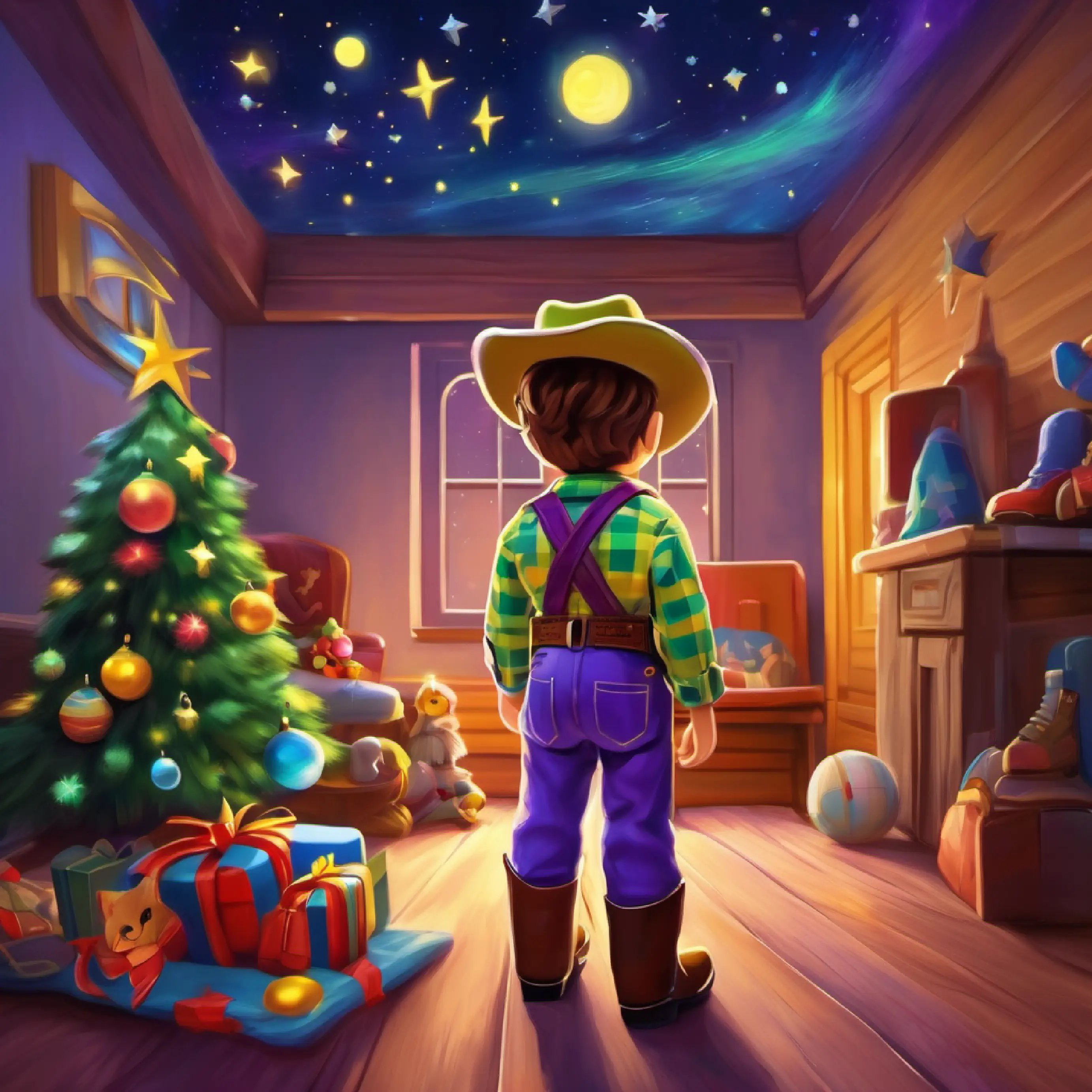 Andy's room, evening, Cowboy doll, brown hat, yellow plaid shirt, blue pants and Space Ranger toy, white and green suit, purple headwear gazing at stars.