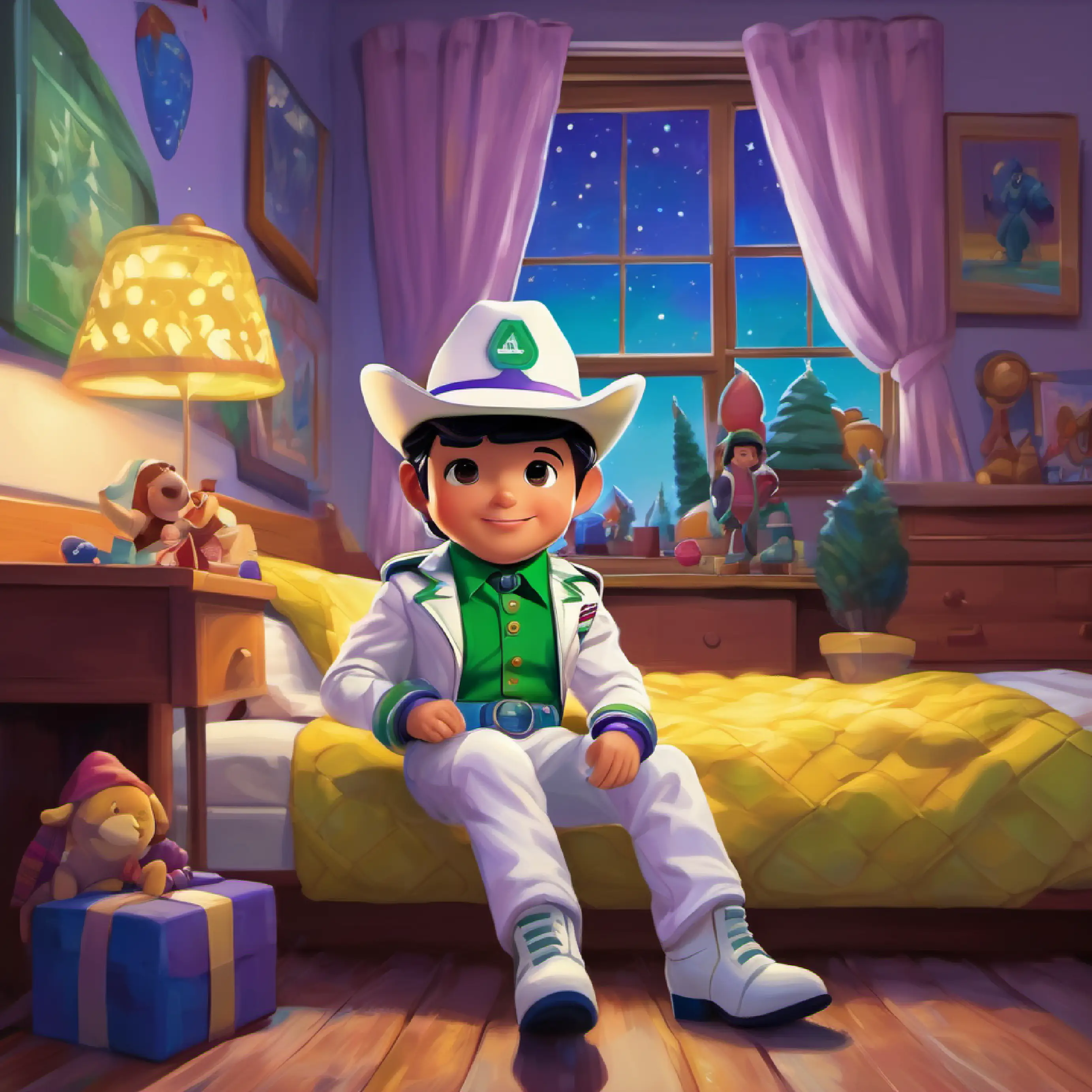 Space Ranger toy, white and green suit, purple headwear feeling nostalgic, Cowboy doll, brown hat, yellow plaid shirt, blue pants listening, bedroom setting.