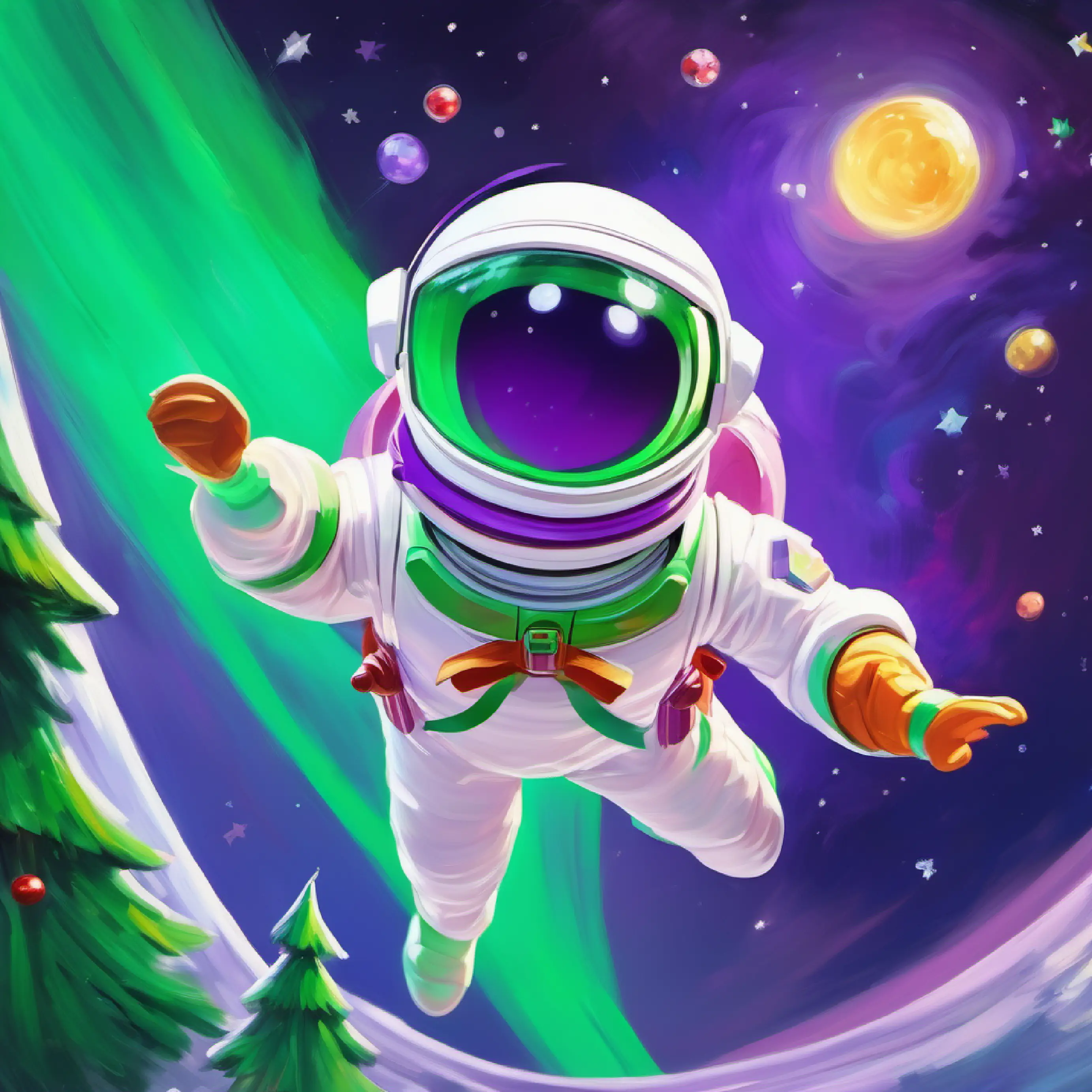 Space Ranger toy, white and green suit, purple headwear flying, yard below, exhilarating flight, laughter.