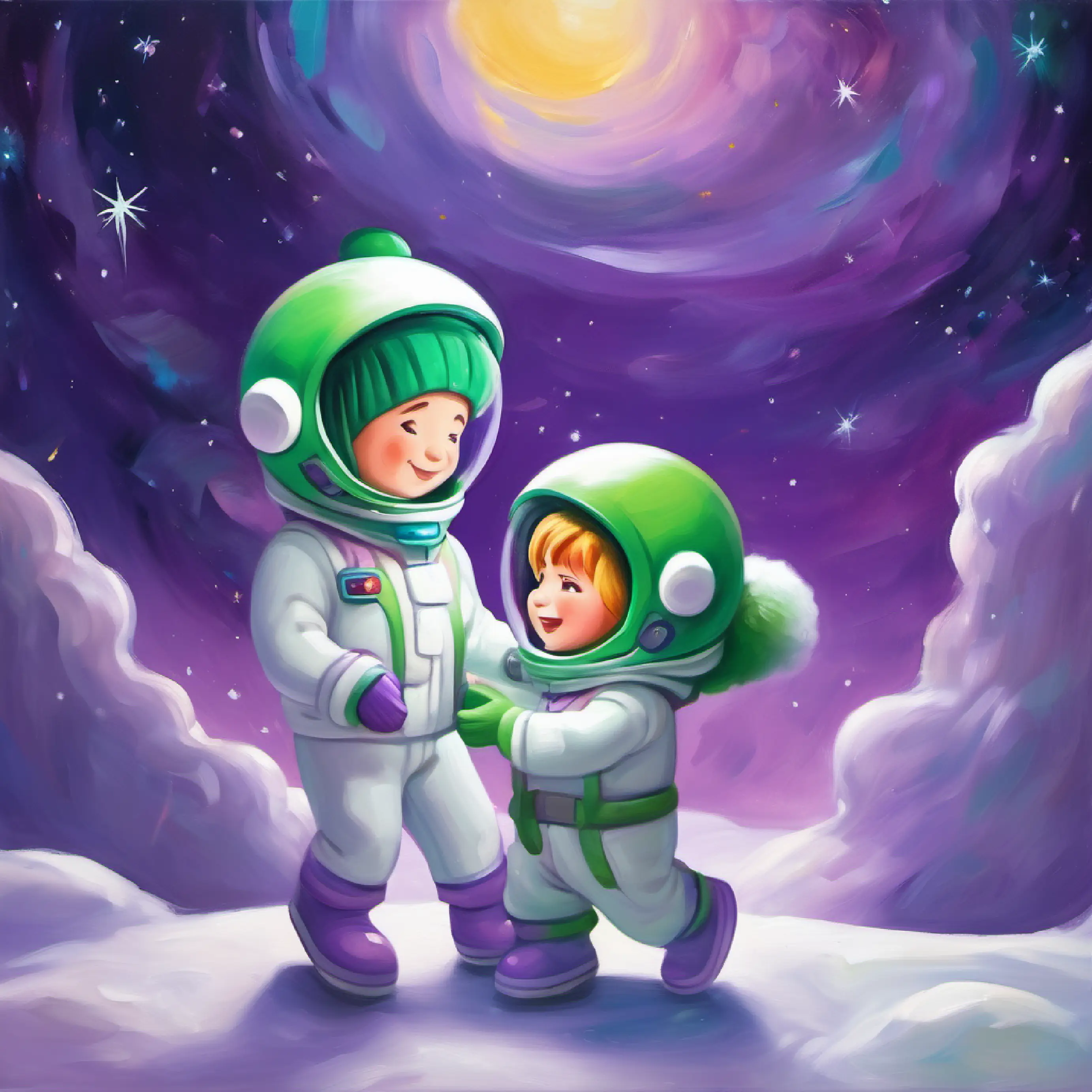 Safe landing, emotional hug, Space Ranger toy, white and green suit, purple headwear grateful, friendship.