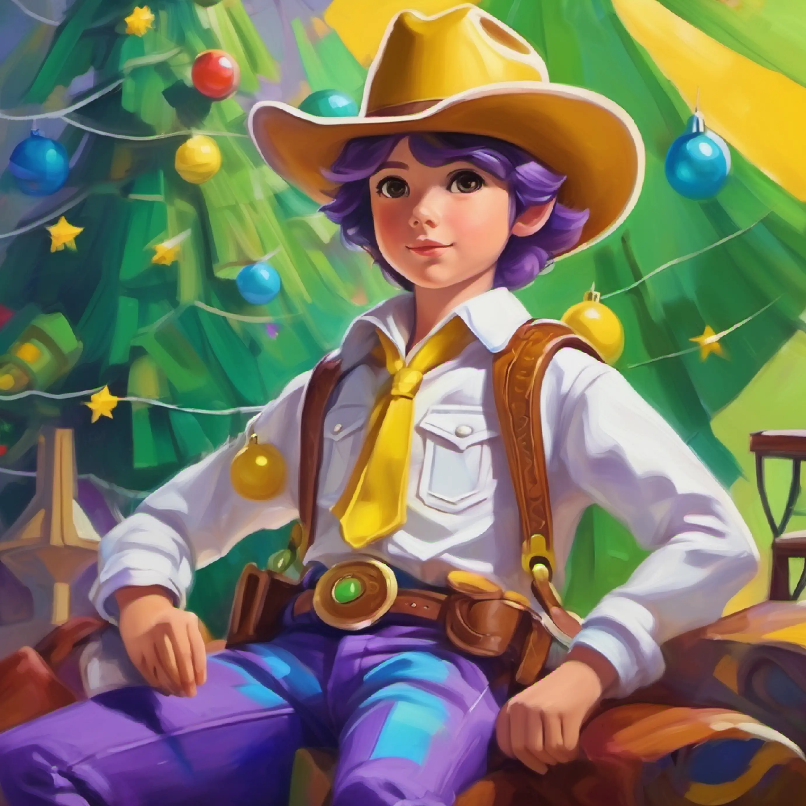 Cowboy doll, brown hat, yellow plaid shirt, blue pants with an idea, Space Ranger toy, white and green suit, purple headwear intrigued, planning adventure.