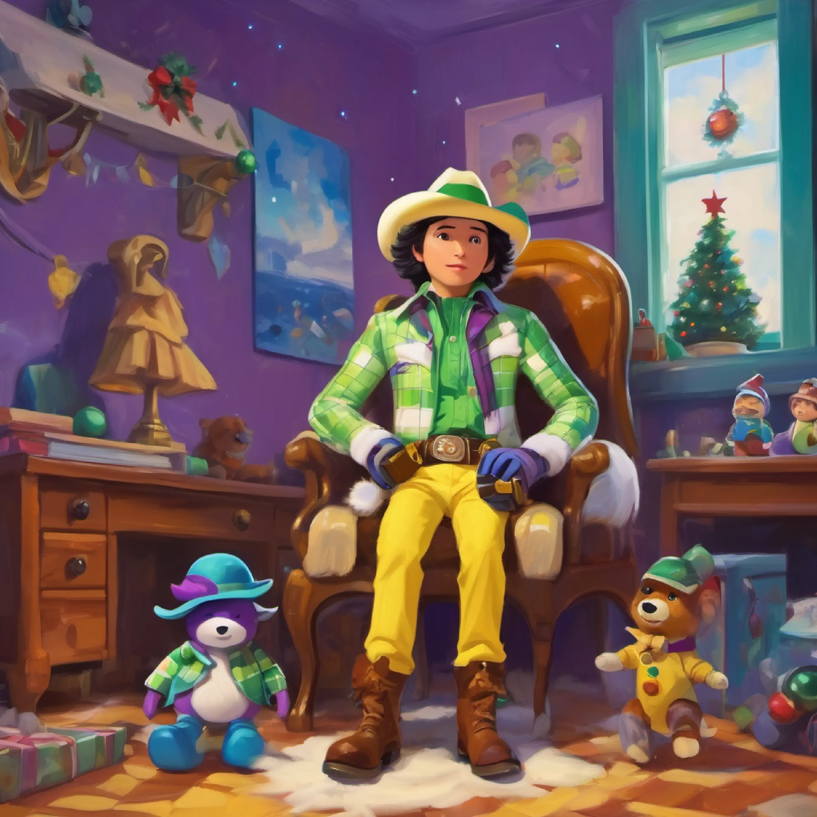Sid's cluttered room, Space Ranger toy, white and green suit, purple headwear and Cowboy doll, brown hat, yellow plaid shirt, blue pants sneaking in carefully.