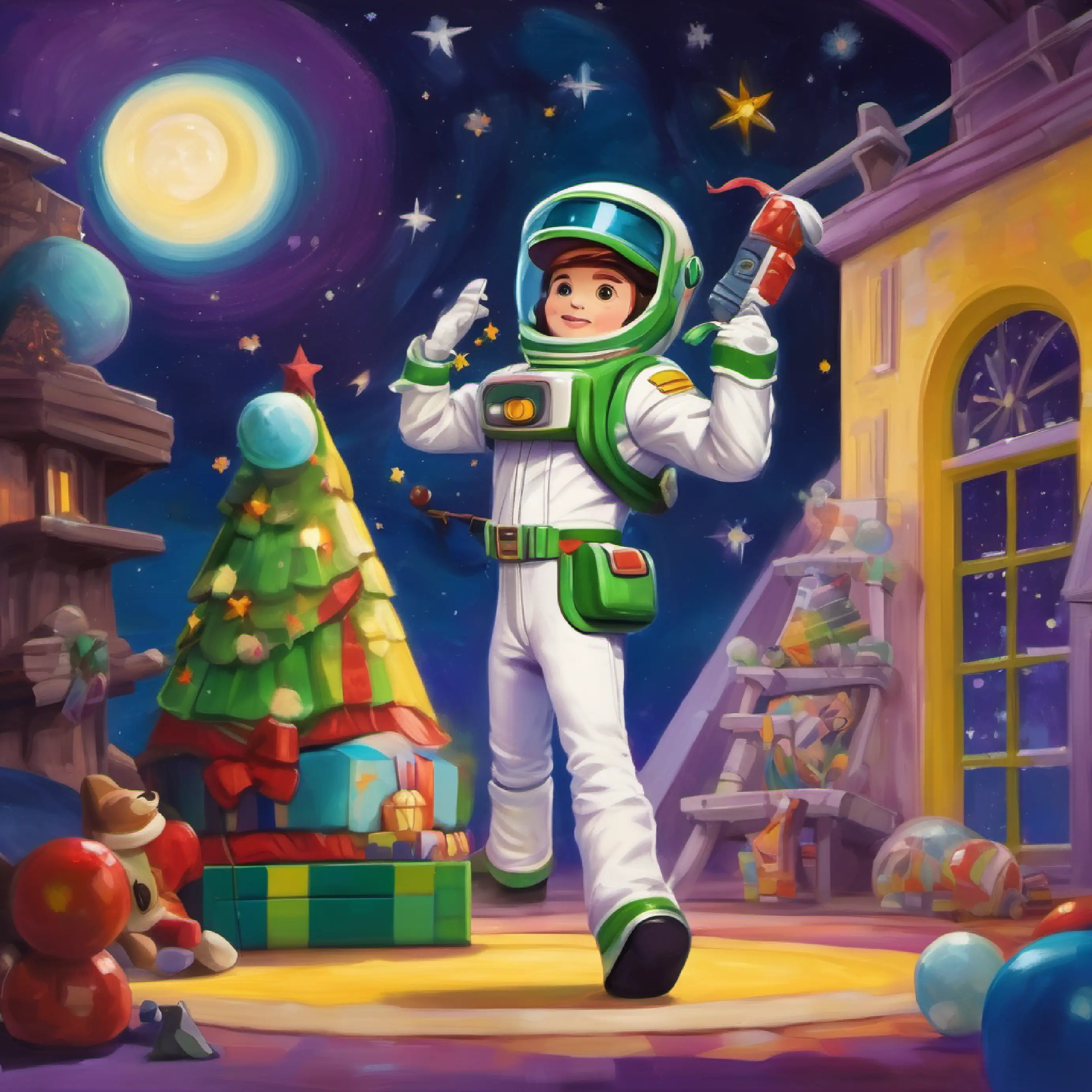 Space Ranger toy, white and green suit, purple headwear conflicted about the rocket, Cowboy doll, brown hat, yellow plaid shirt, blue pants encouraging him.