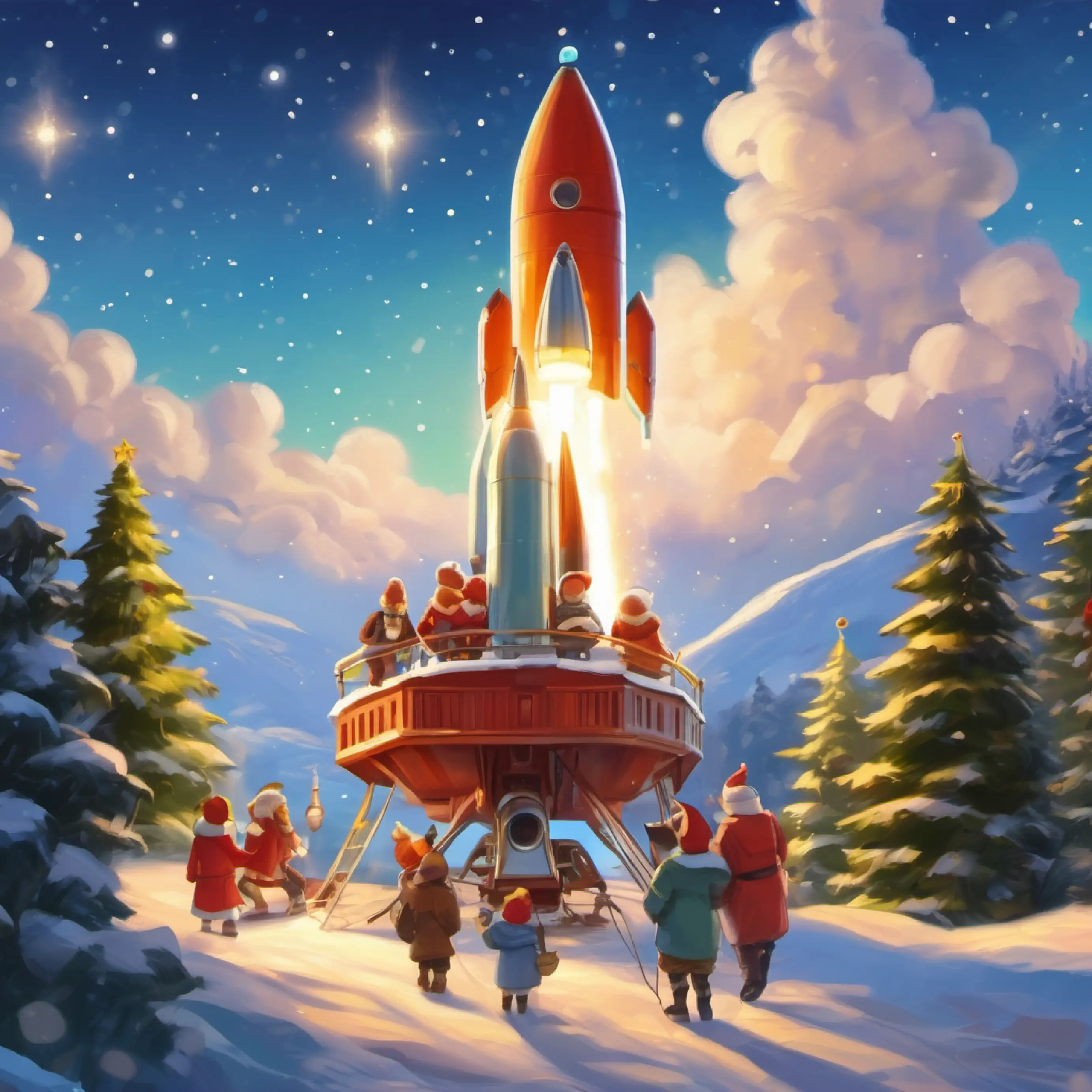 Teamwork, rocket attachment process, supportive atmosphere.