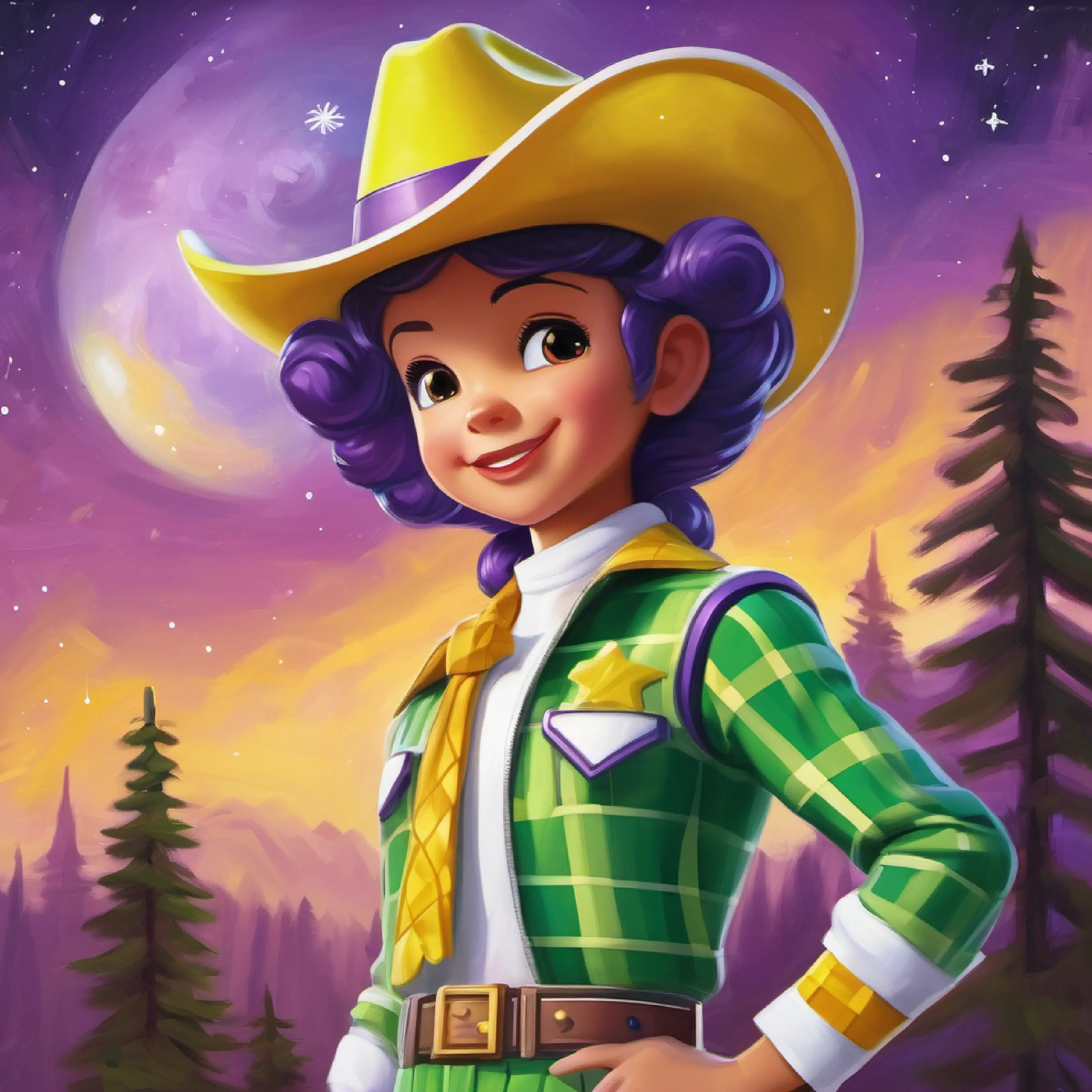 Cowboy doll, brown hat, yellow plaid shirt, blue pants supportive, Space Ranger toy, white and green suit, purple headwear gaining confidence, quote from Space Ranger toy, white and green suit, purple headwear.