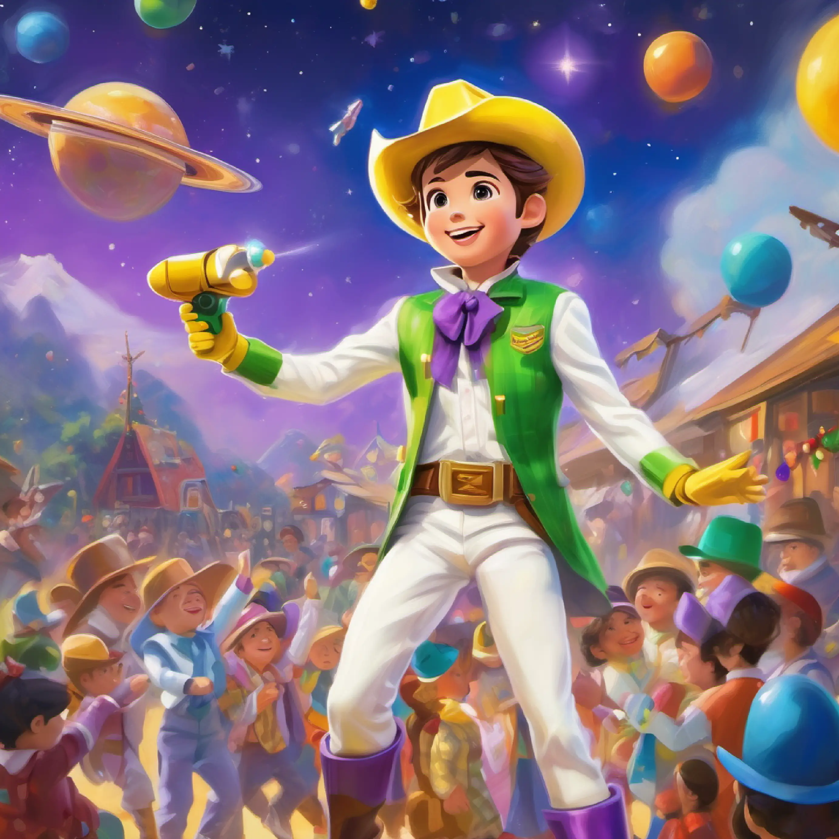 Space Ranger toy, white and green suit, purple headwear takes off with whoosh, Cowboy doll, brown hat, yellow plaid shirt, blue pants applauding, daytime sky.