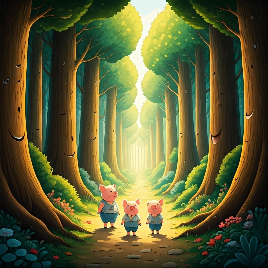 Three playful pigs in a colorful forest with smiling trees and singing flowers