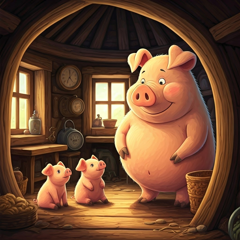 A plump, rosy-cheeked pig with a warm smile and kind eyes, round and pink, talking to her three piglets in their cozy home