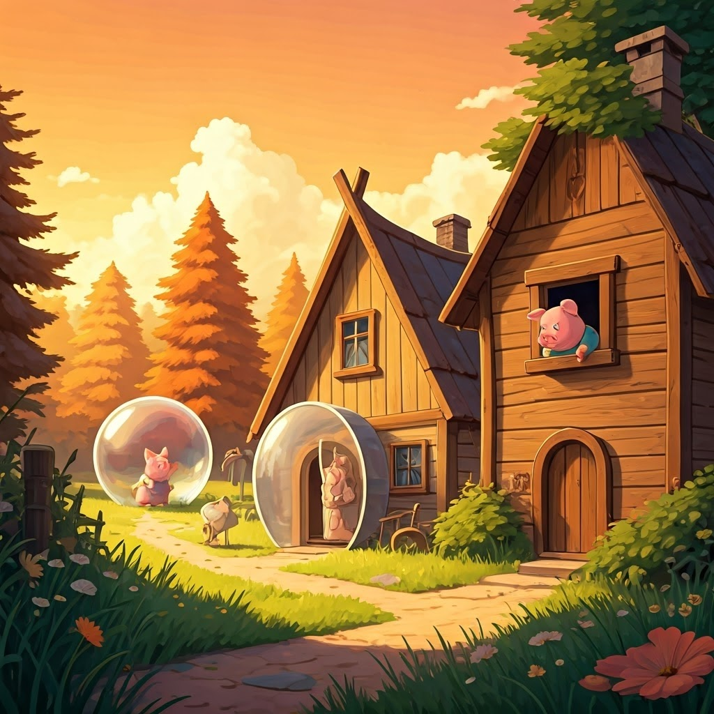 The three little pig's houses bathed in the warm glow of sunset, with the littlest pig playing outside his bubble house and the middle pig looking out the window of his wooden house