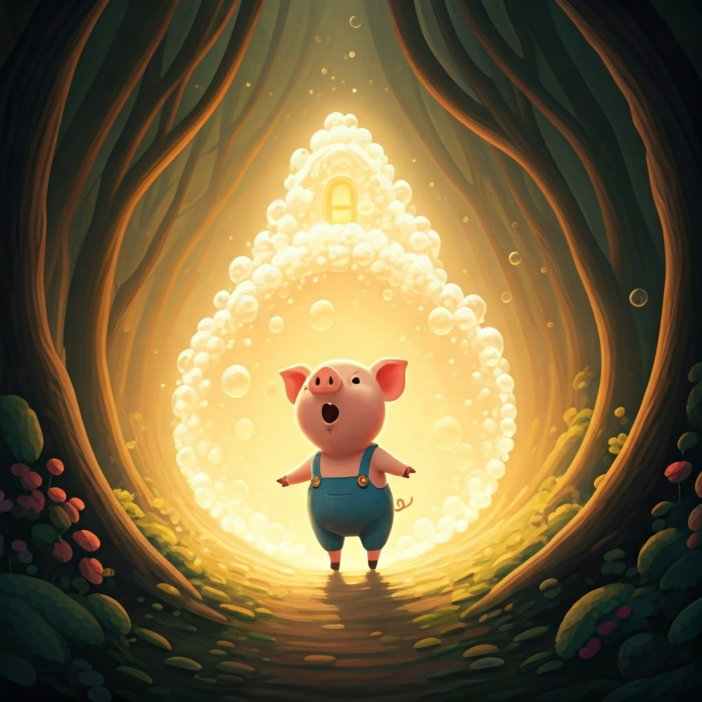 The littlest pig, excited, with a house made of shimmering bubbles around him