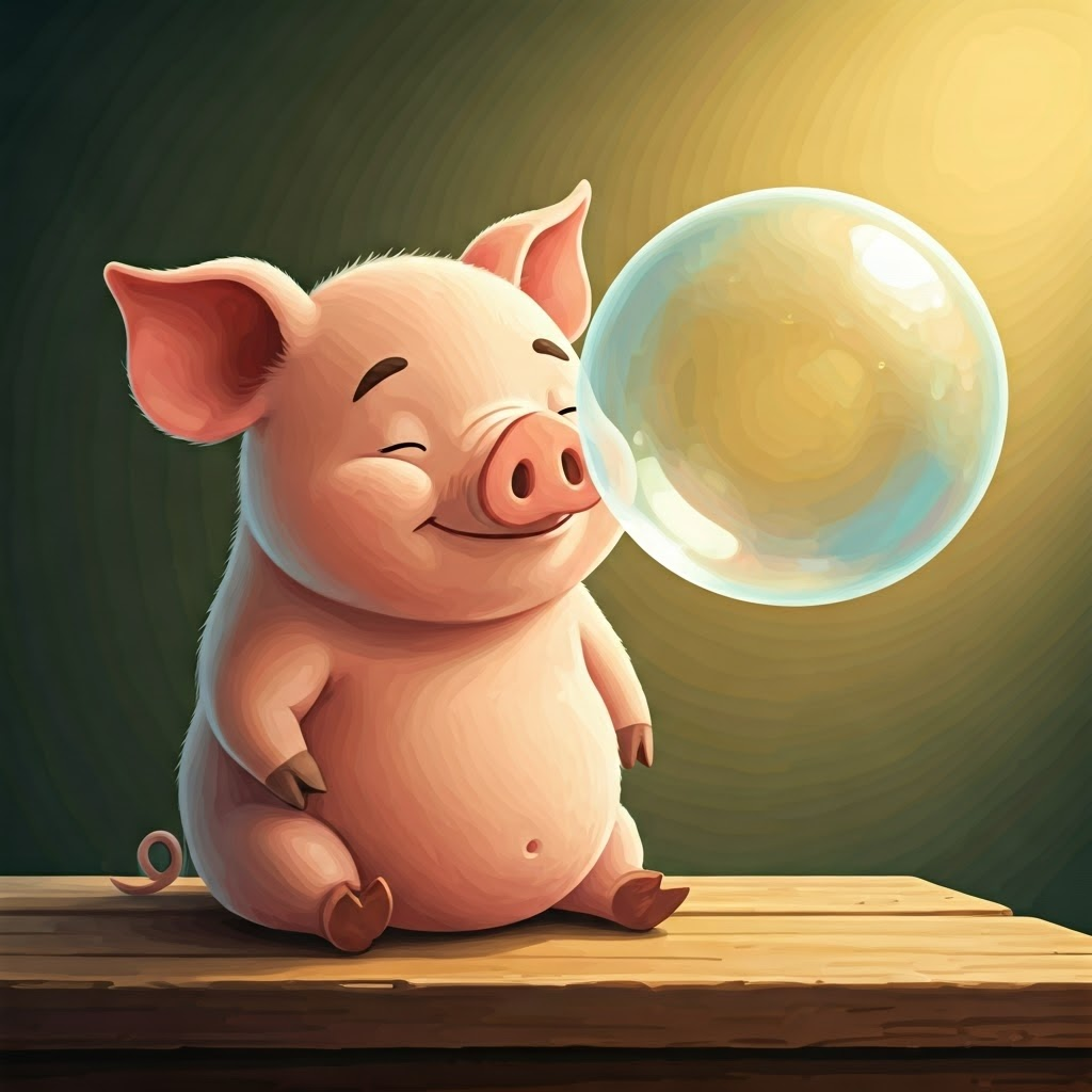A plump, rosy-cheeked pig with a warm smile and kind eyes smiling warmly as the littlest pig blows a big, shimmering bubble
